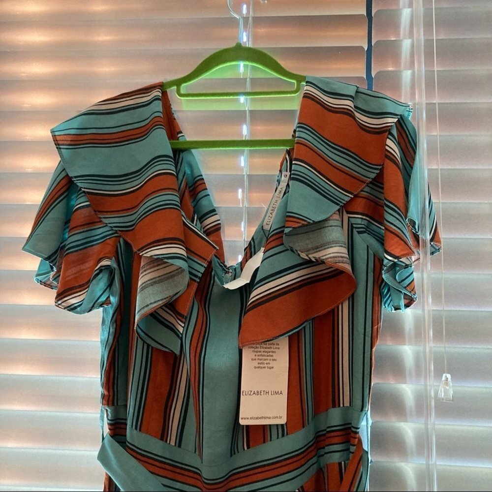 ELIZABETH LIMA Sz L Jumpsuit With Ruffles Wide Leg Pant Belt Bat  Sleeve NWT